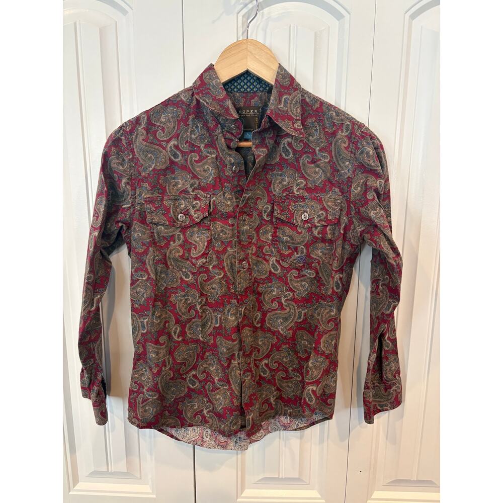 Roper Burgundy Paisley Button‎ Down Shirt Size Large